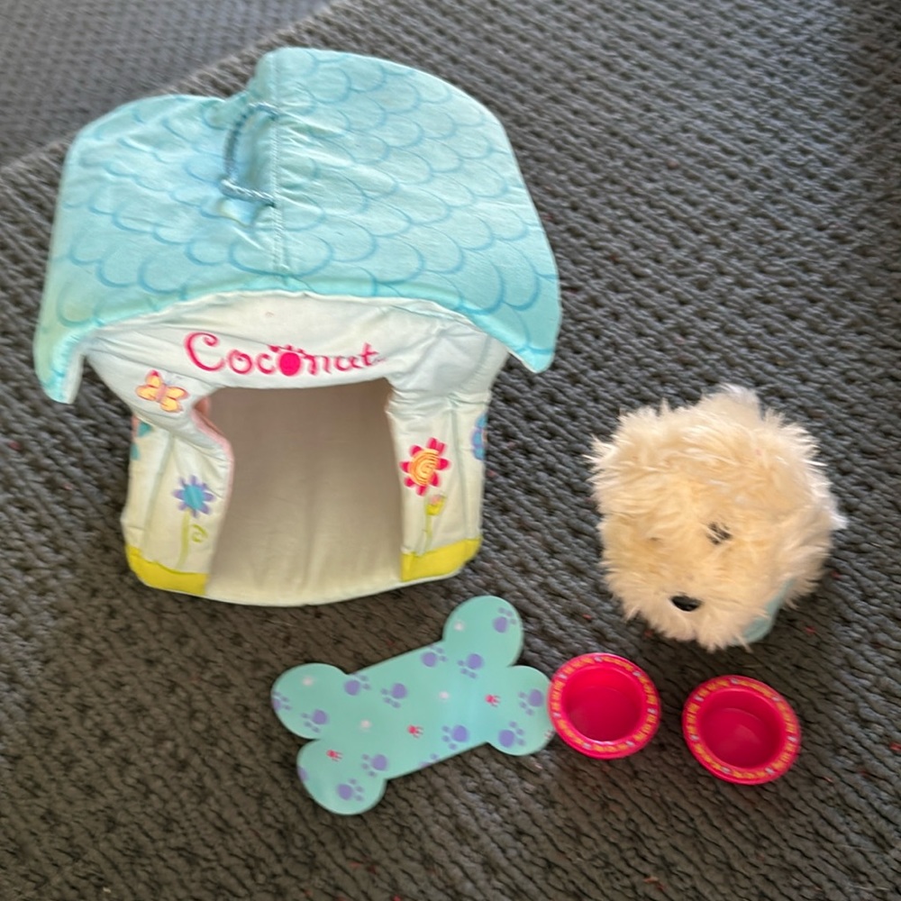 American Girl Doll Coconut The Dog With Dog House Bowls And Mat